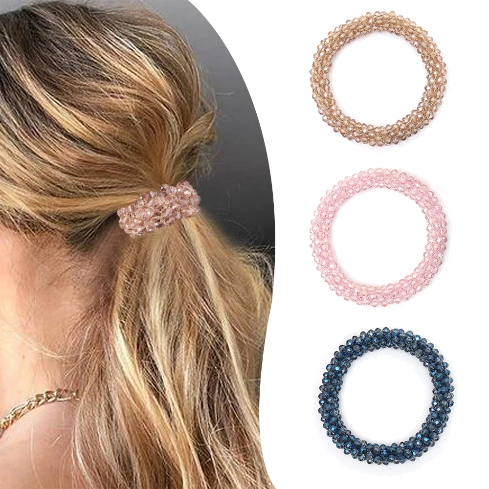 Women Crystal Elastic Hair Tie Hair Bead Ponytail Holder Hair Rope Handmade Rhinestone Hair Accessories