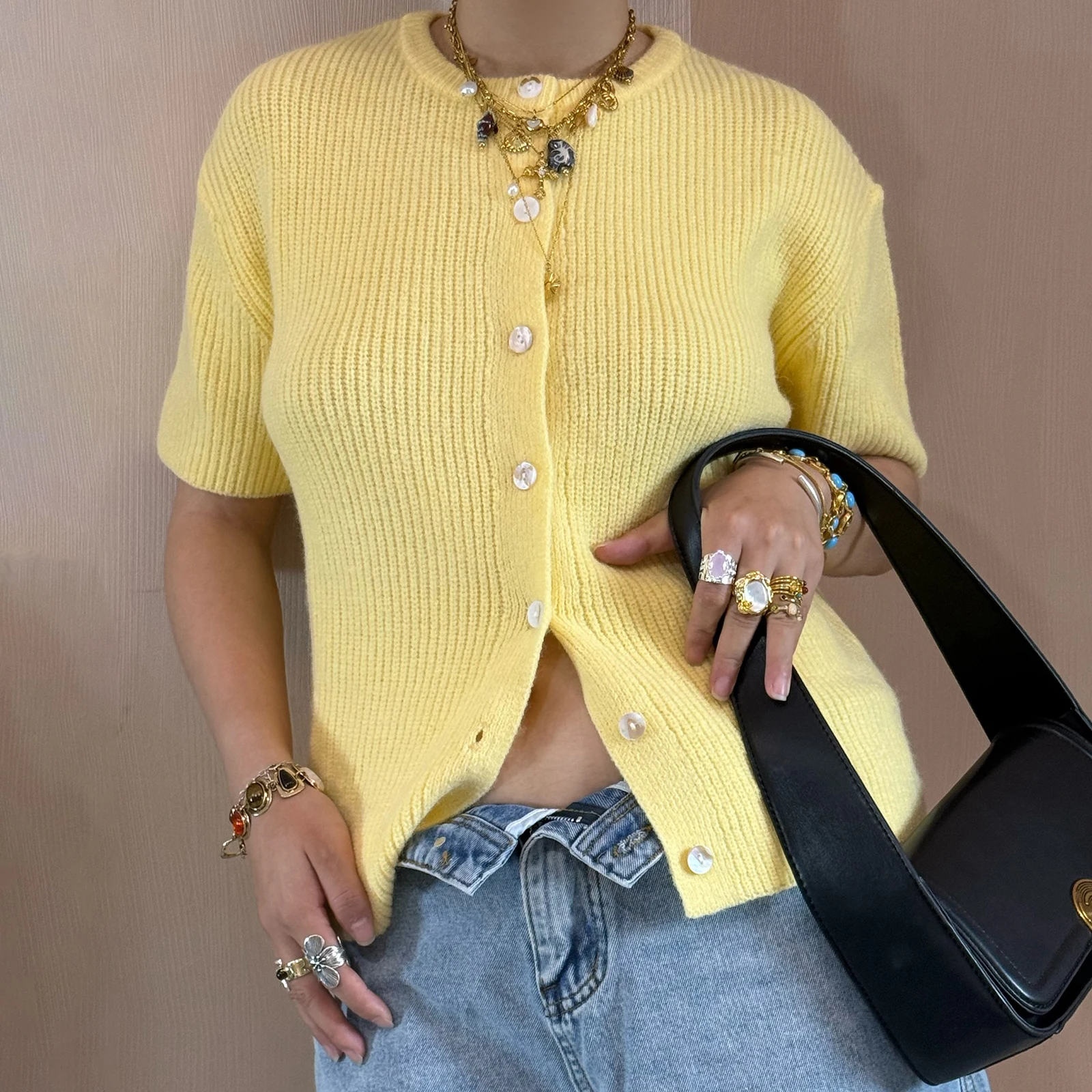 

Women's Button Down Knit Sweater Spring Fall Casual Short Sleeve Round Neck Solid Color Loose Cardigan Tops Y2k Streetwear