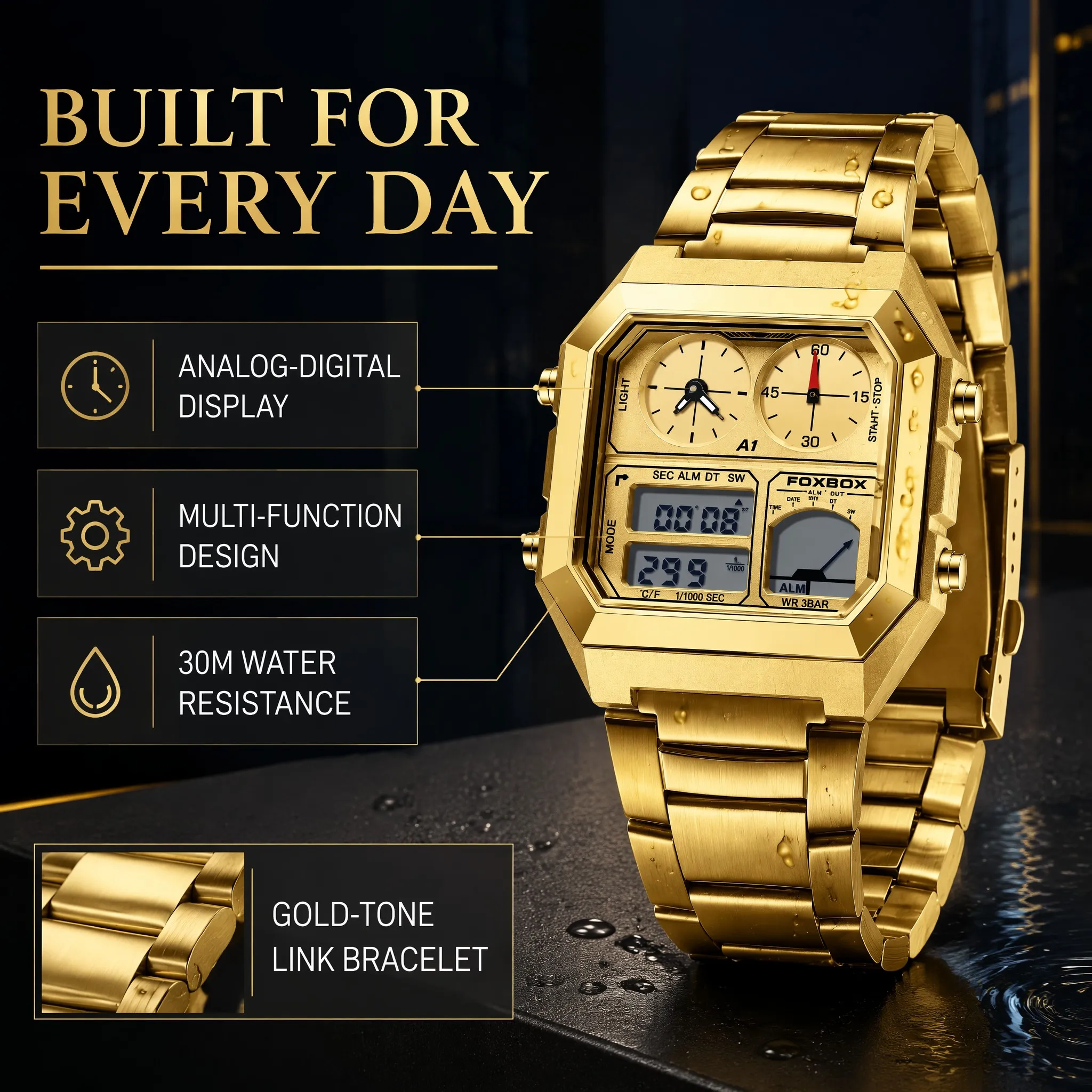 FOXBOX Luxury Man Watch Electronic Watches Square Quartz Watch LED Alarm Chronograph Gold Color Watches 30M Waterproof