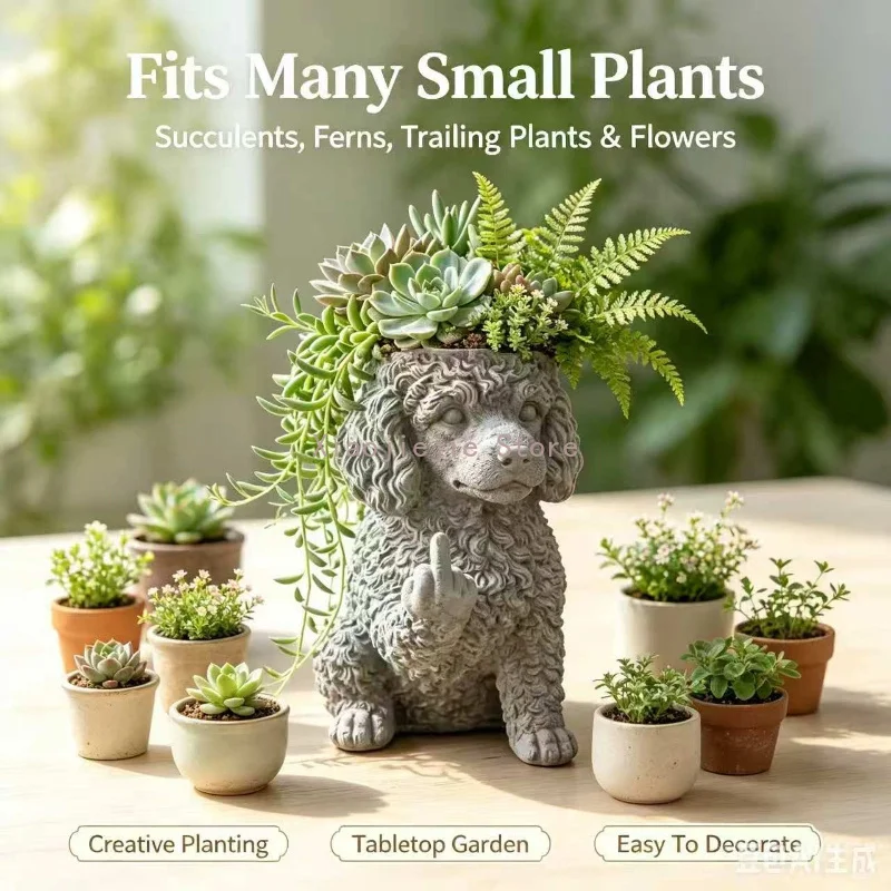 Quirky Poodle Dog Succulent Planter Resin Pot, Middle Finger Animal Figurine, Home Patio Tabletop Display Ornament