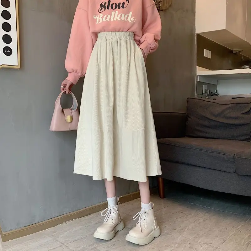 

Elastic Waist Corduroy Skirt Women Autumn Winter Retro Mid-length Skirt Solid High-waisted Korean Style Clothing Plus Size