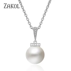 ZAKOL Fashion Zirconia Crystal Pendant Necklace for Women Round Simulated Pearl Wedding Jewelry Wholesale