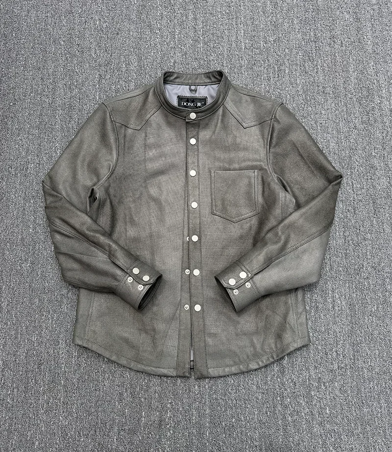 Breathable perforated top layer sheepskin leather leather men's stand-up collar shirt gray shirt coat leather jacket