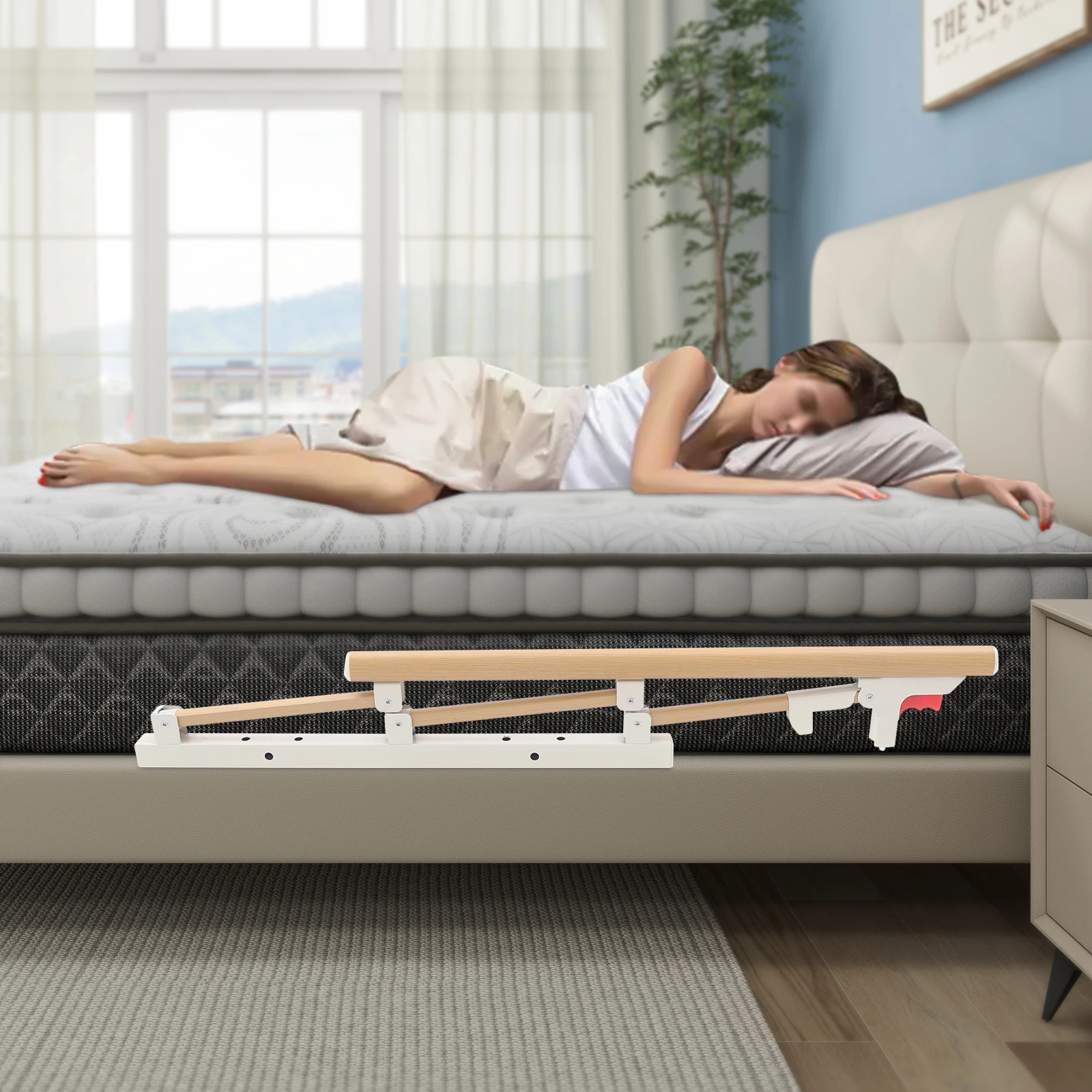 قضبان السرير، حاجز مساعدة بجانب السرير قابل للطي، حاجز حماية سرير أمان 68*44 سم أبيض + لون خشبي للمنازل والفنادق والمستشفيات #2