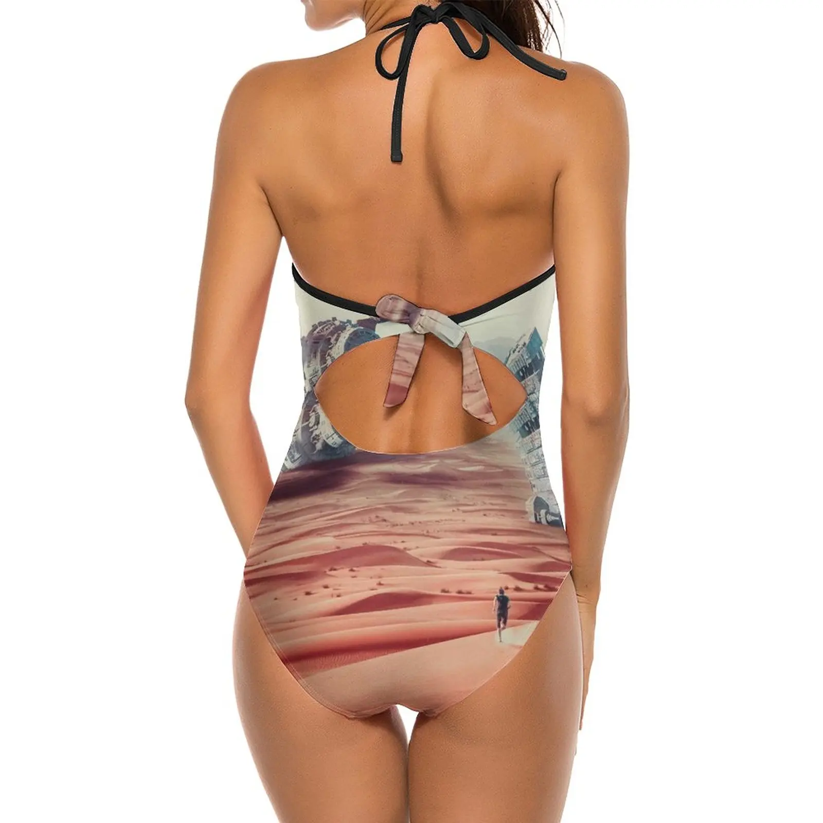 I'M Coming Home Sexy One Shoulder One Piece Swimsuit New Mesh Patchwork Swimwear Monokini Photomanipulation Earth Moon Black