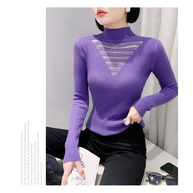 

Сетчатый свитер с полуводолазкой, инкрустированный бриллиантами, с длинными рукавами, весенне-осенний универсальный модный топ