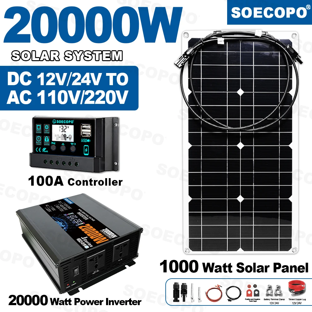 

20000W Peak Solar System Kit Panel 12V/24V To 110V 220V Inverter 1600W Rated Power 100A Controller Complete for Home Portable