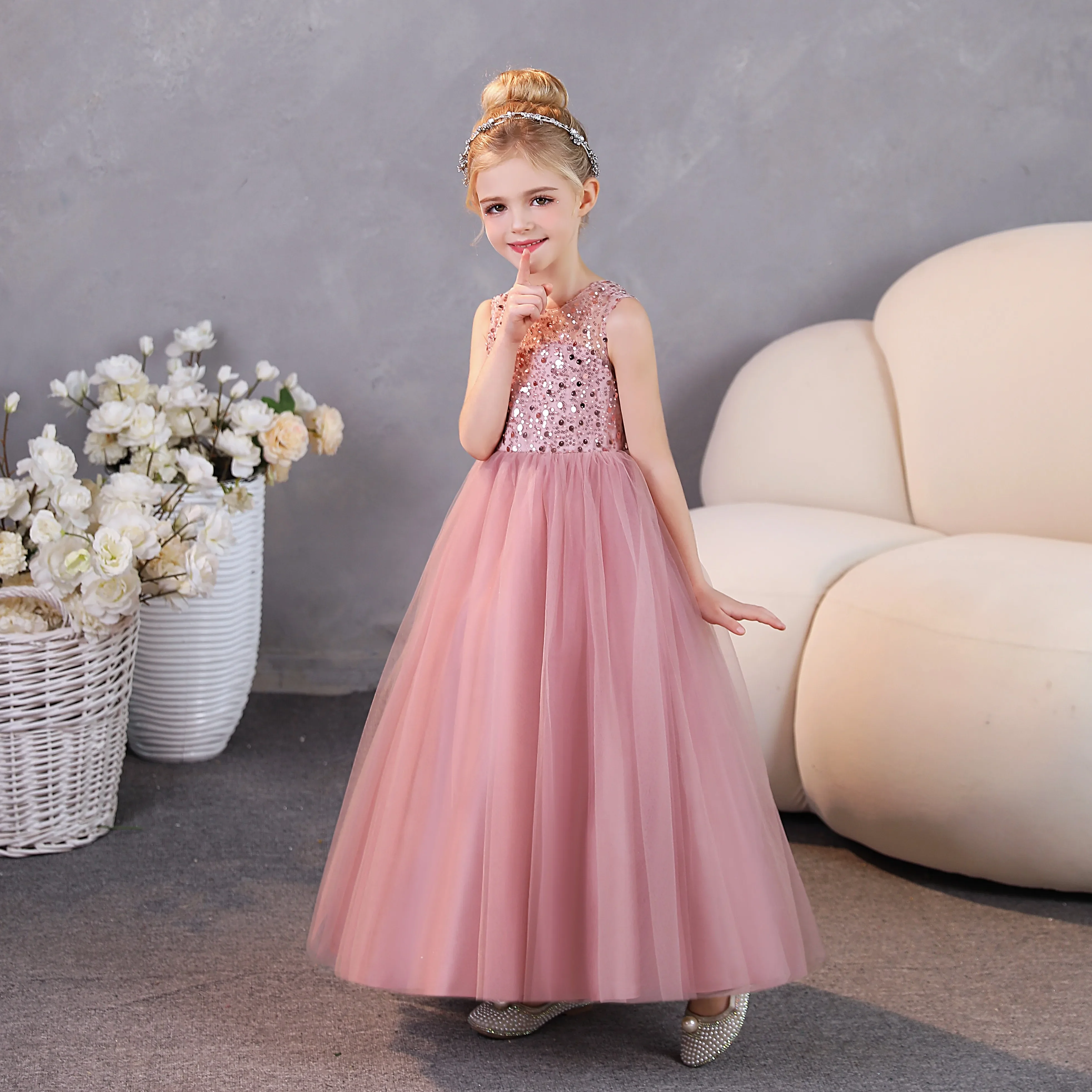 Dusty Rose Flower Girl Dresses for Wedding Puffy Tulle Princess Pageant Ball Gown Kids Birthday First Communion With Bow