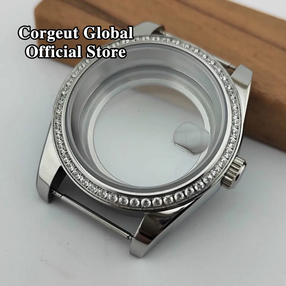 

Corgeut 36mm/40mm silver watch case sapphire glass gemstone bezel fit NH35 NH36 NH34 ETA2824 2836 Miyota8215 PT5000 movement
