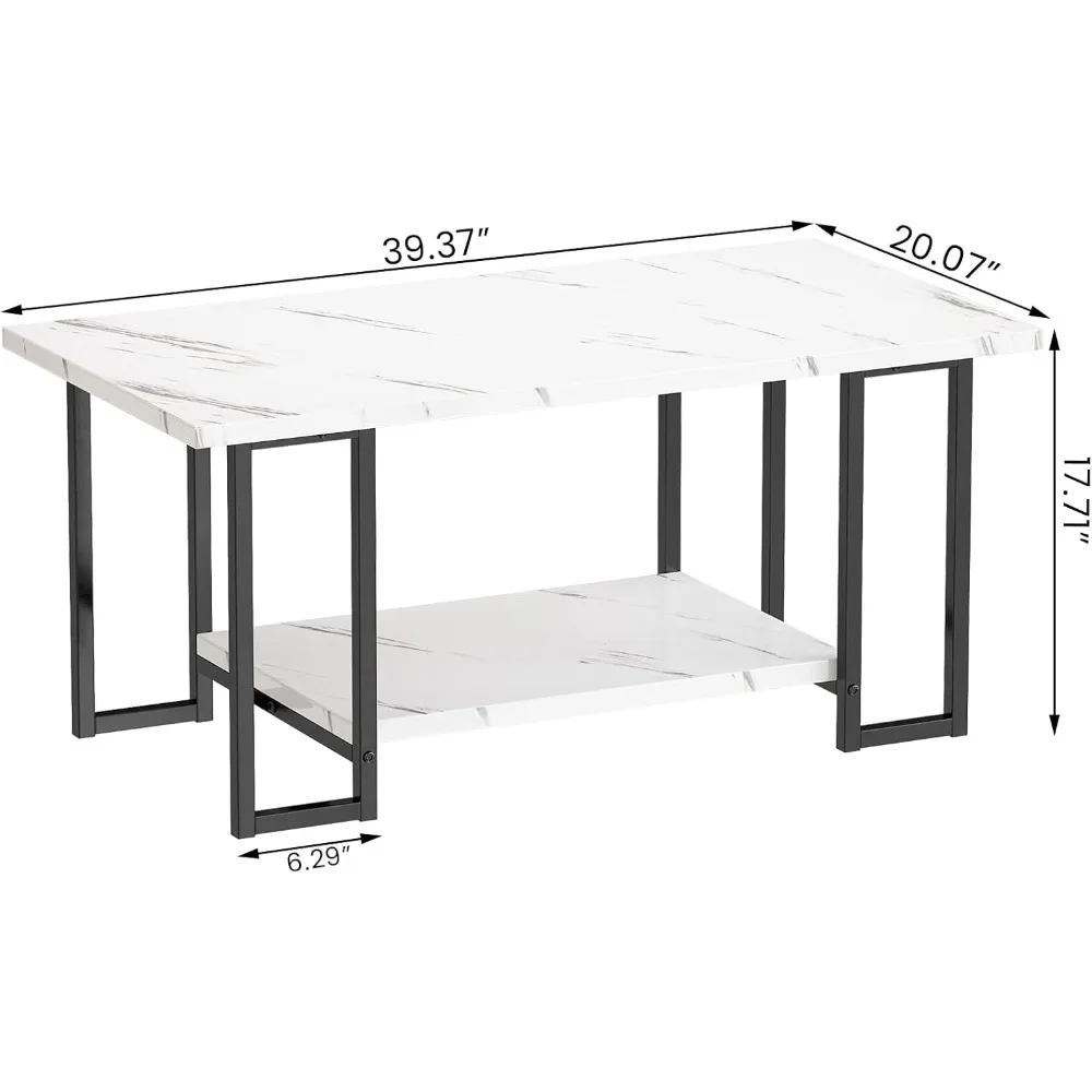 Marble Coffee Table, Faux Marble Top Rectangular Coffee Table with Metal Frame, 2 Tier Living Room Table for Living Room, Office