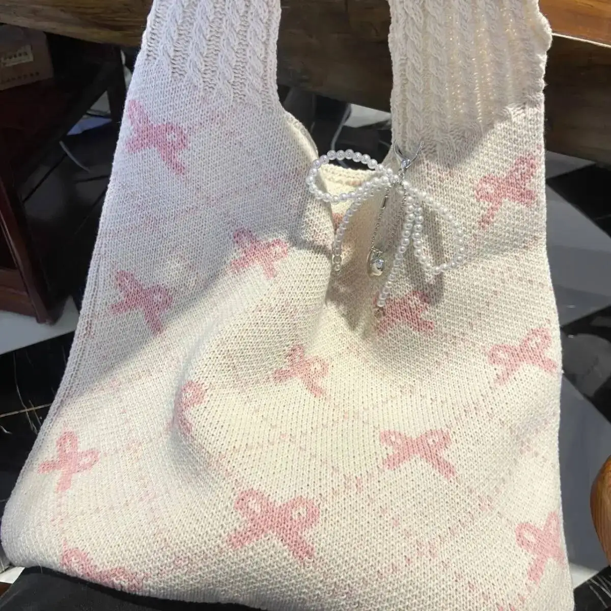 Bloom Haruku Bow Knitted Women Fairycore Aesthetic Large Capacity Casual Tote Bag Female Vintage Y2k Handbag Purse Chic