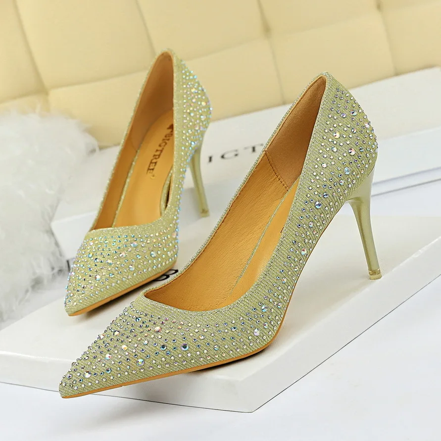 

Fashion Thin bride High Heels Shallow luxury Pointed Sexy Pumps evening Banquet Rhinestone Single stiletto women office shoes