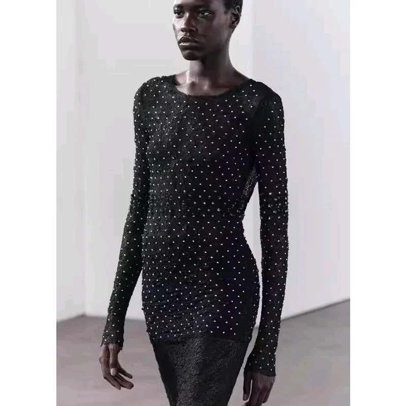 

Spring New Women's Long Sve round Ne Diamond Decorated Base irt Sexy Lace Bal Top Commute Sle Slim Fit Polyeste...