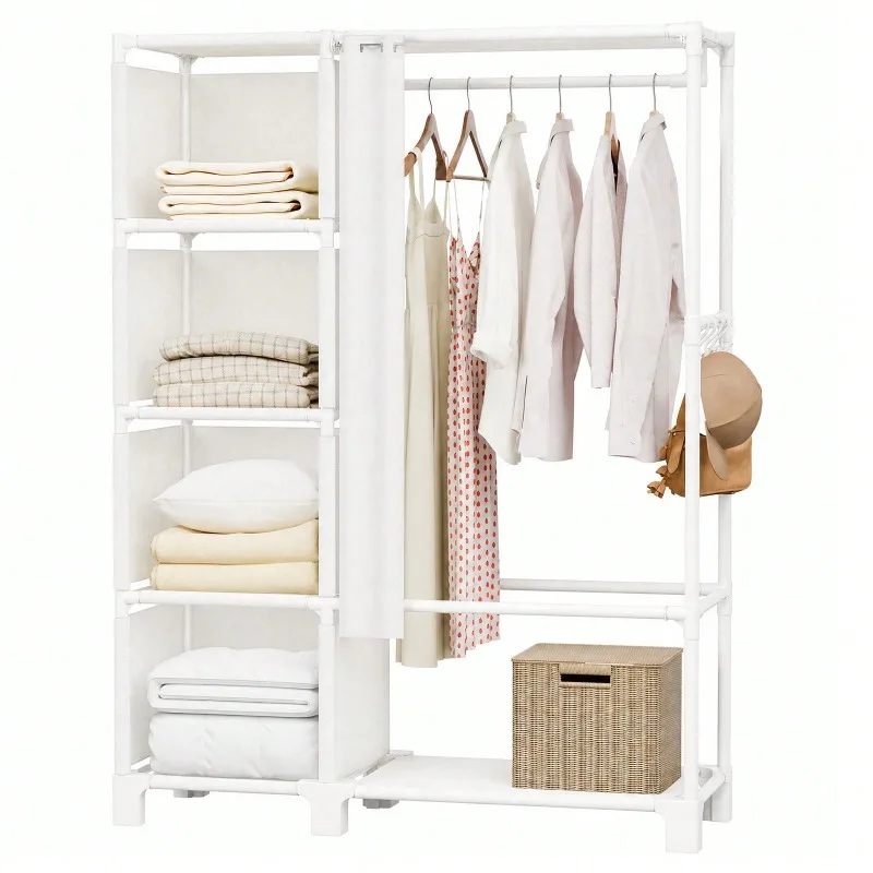 Black/White Freestanding Portable Closet ForRental Apartment,Non‑Woven Fabric Clothes Storage Organizer Featuring 6Storage Shelves&1 Clothes Hanging Rail,Reinforced Metal Frame Wardrobe Closet 67 In,No‑Drill Easy Assembly Clothing Storage For Dorm Bedroom