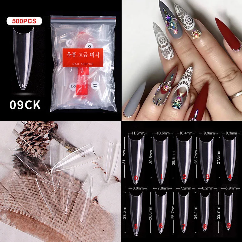 500pcs/bag Natural Transparent False Nail Tips Full Cover Press On Nails Stiletto Almond Square Coffin Manicure Extension Tools