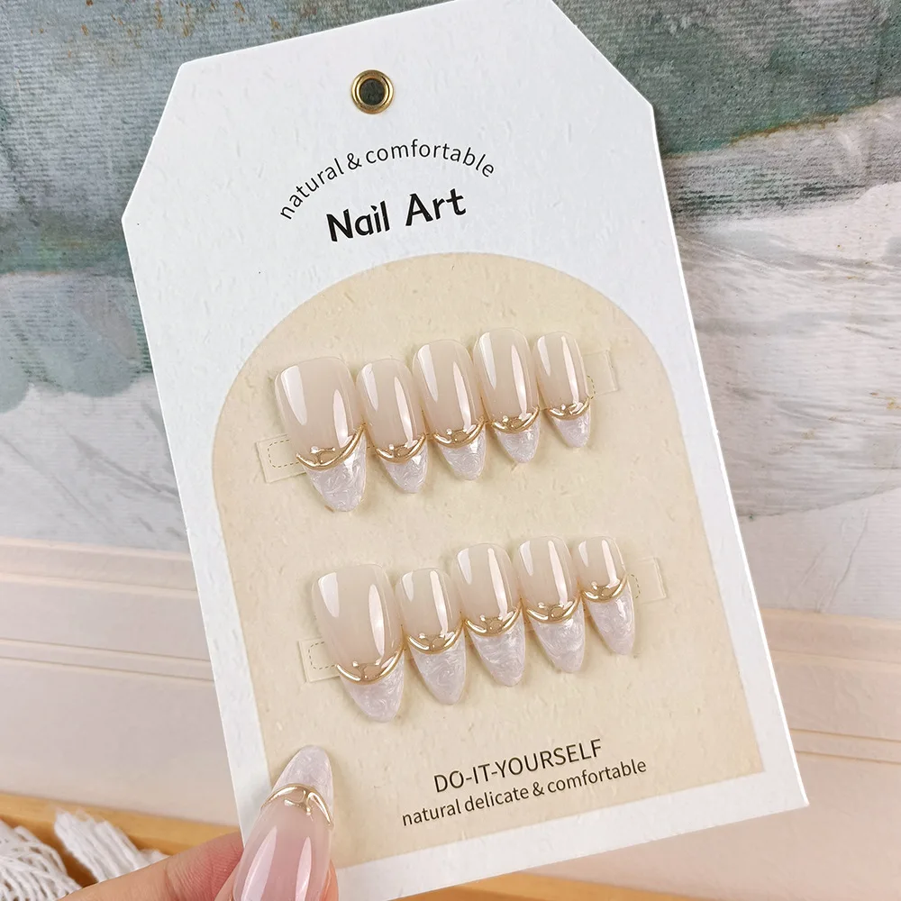 

10pcs Elegant French Tip Press-On Nails with Golden Stripe Accents-Fair Shade Almond Shaped Glossy Finish Full Cover False Nails