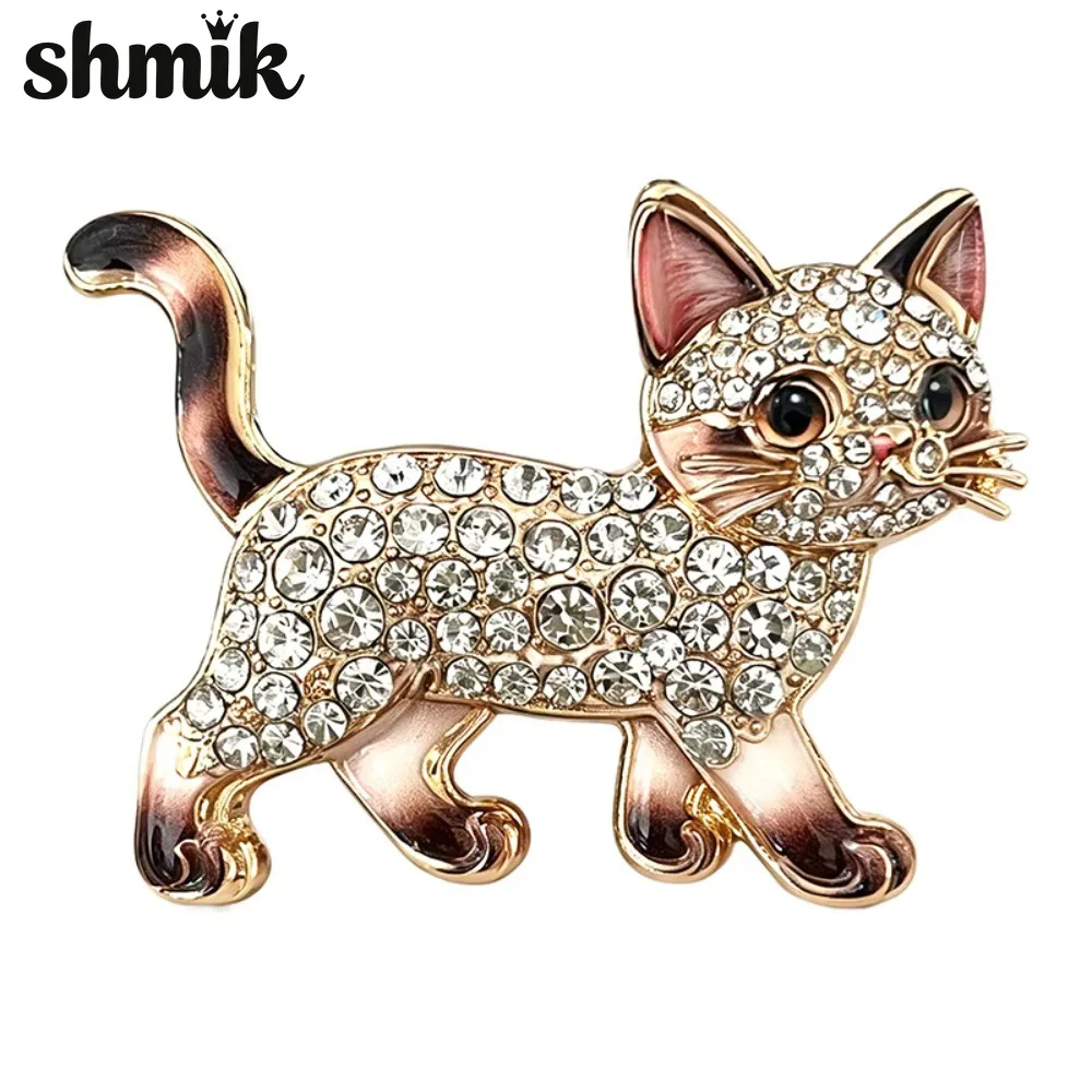 Cat Brooch Enamel Rhinestone Walking Kitten Lapel Pin Cute Animal Brooch for Women Clothes Hat Jewelry Gift