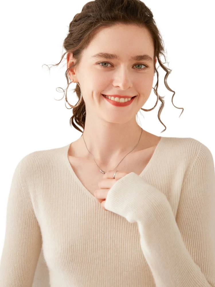 Seamless first-line ready-to-wear ~ 100 pure wool sweater women's with autumn and winter thick V-neck knitted wool as a base