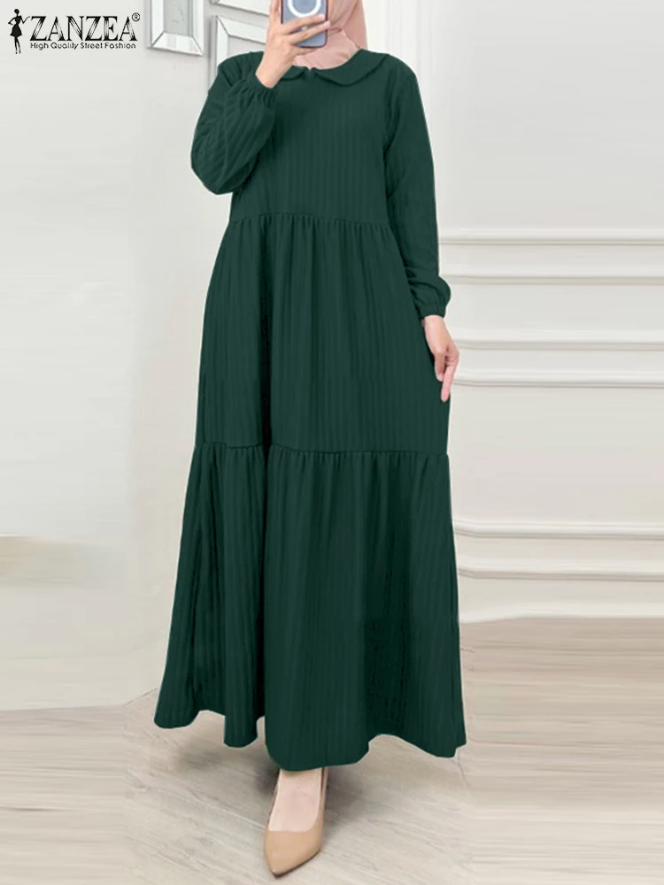 ZANZEA Elegant Muslim Long Dress Fashion Abaya Women Spring Long Sleeve Lapel Neck Maxi Sundress Kaftan Hijab Vestido Robe Femme