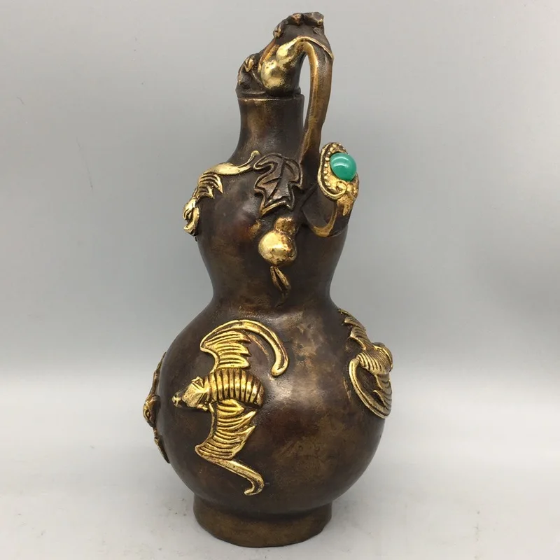 Inlaid Agate Five-Blessing Gourd Bronze Collectible, Gilt Bronze Home Decorative Ornament, Fortune and Prosperity Bronze Gourd