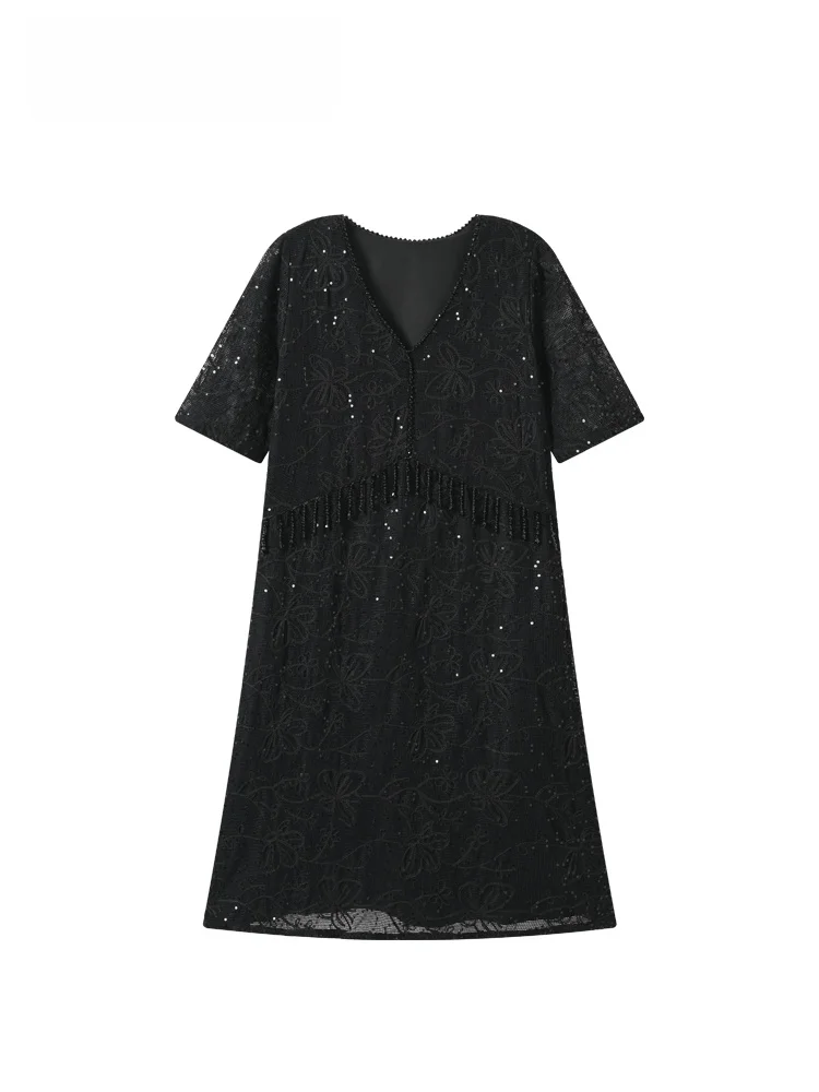

CaraCLUB plus Size Short Sleeve Lace Splice Dress Women's Summer New Style Casual Loose Fit Polyester Fiber V-Neck A-Line Skirt
