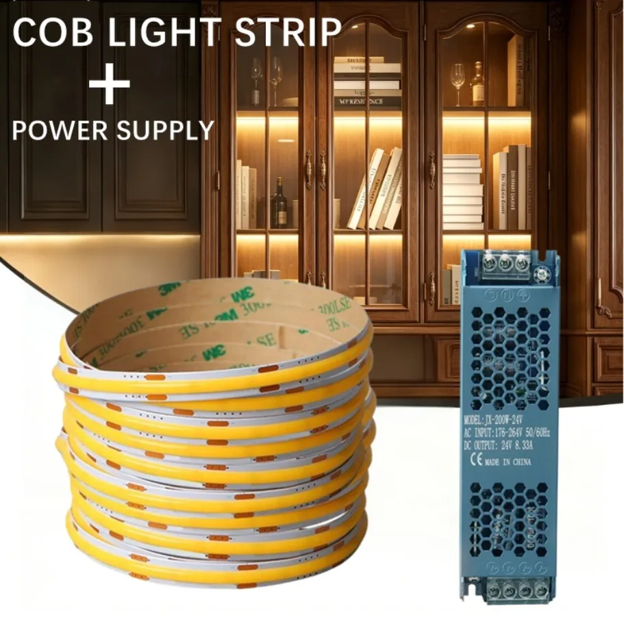 12V 24V Ultra Thin 8MM COB LED Strip High Density Dimmable Linear Tape Light With Power Transformer 2Pin Wire for Home Decor