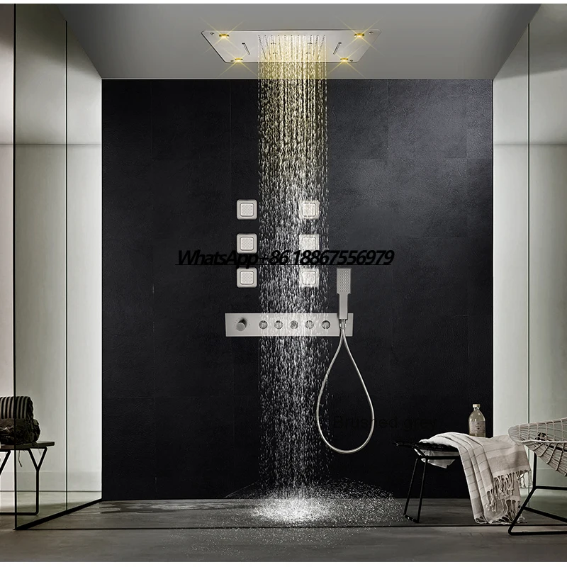 

Ceiling Rain LED Smart Thermostatic Shower System Faucet Brass Square Modern Ceramic Hotel Brushed Gold Shower Set Body Jets