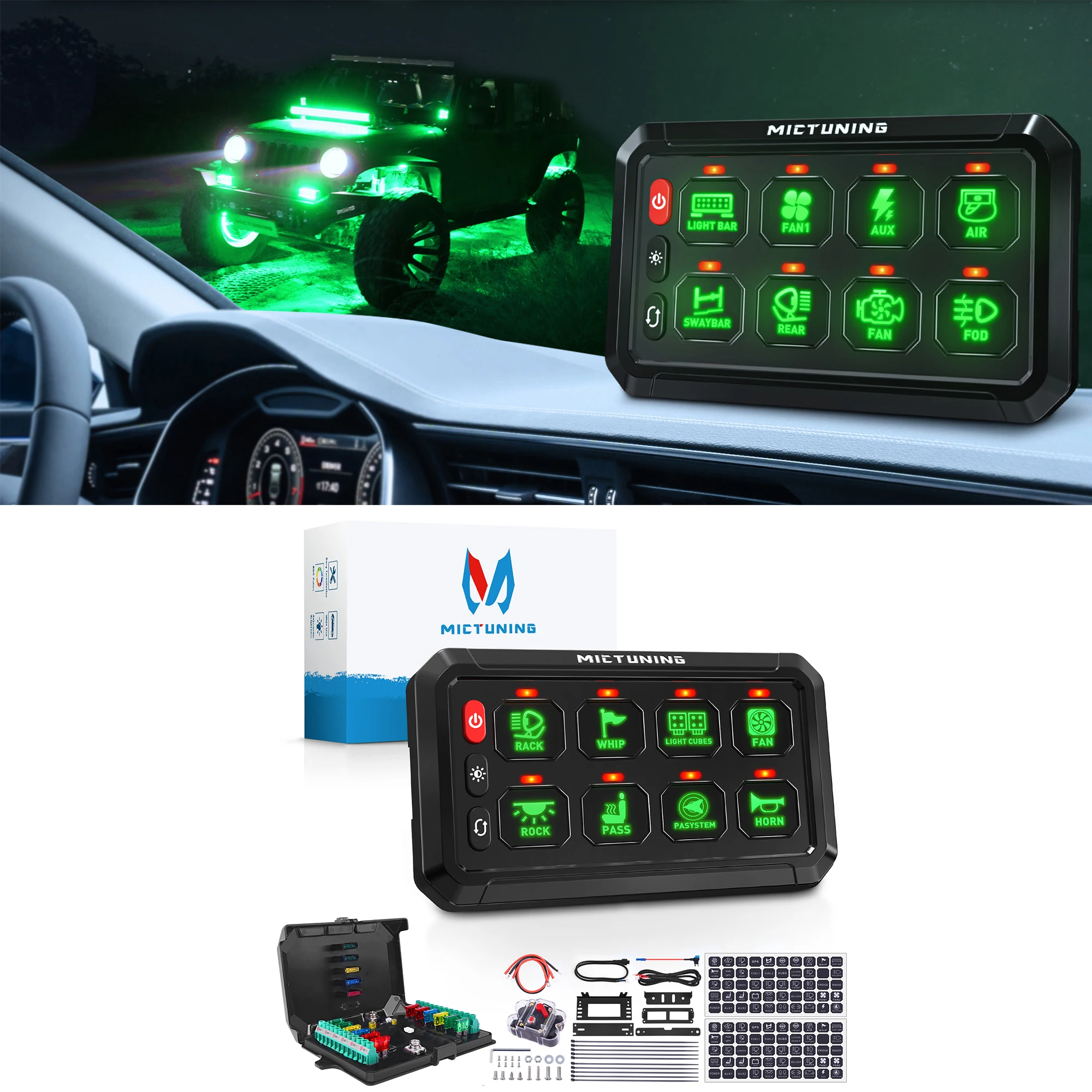 

MICTUNING P1s 5.0 Inch 8/12 Gang Switch Panel Green Backlight 5-Level Brightness 3 Silicon Button for Truck SUV UTV Offroad Car