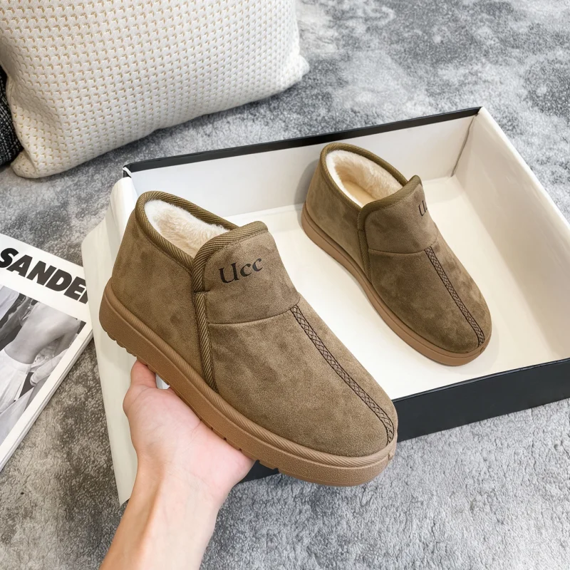 Women Fashion Faux Suede Ankle Snow Boots Warm Fleece Lined Slip On Winter Casual Shoes Thick Sole Comfort Short Booties