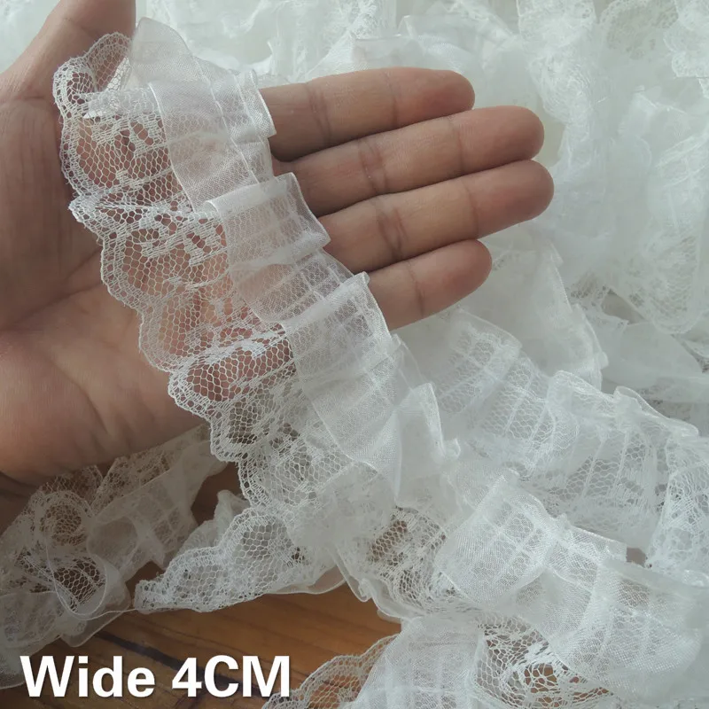 4CM Wide White Organza Mesh 3d Pleated Lace Fabric Applique Embroidered Ribbon Ruffle Trim DIY Dress Curtains Sewing Supplies