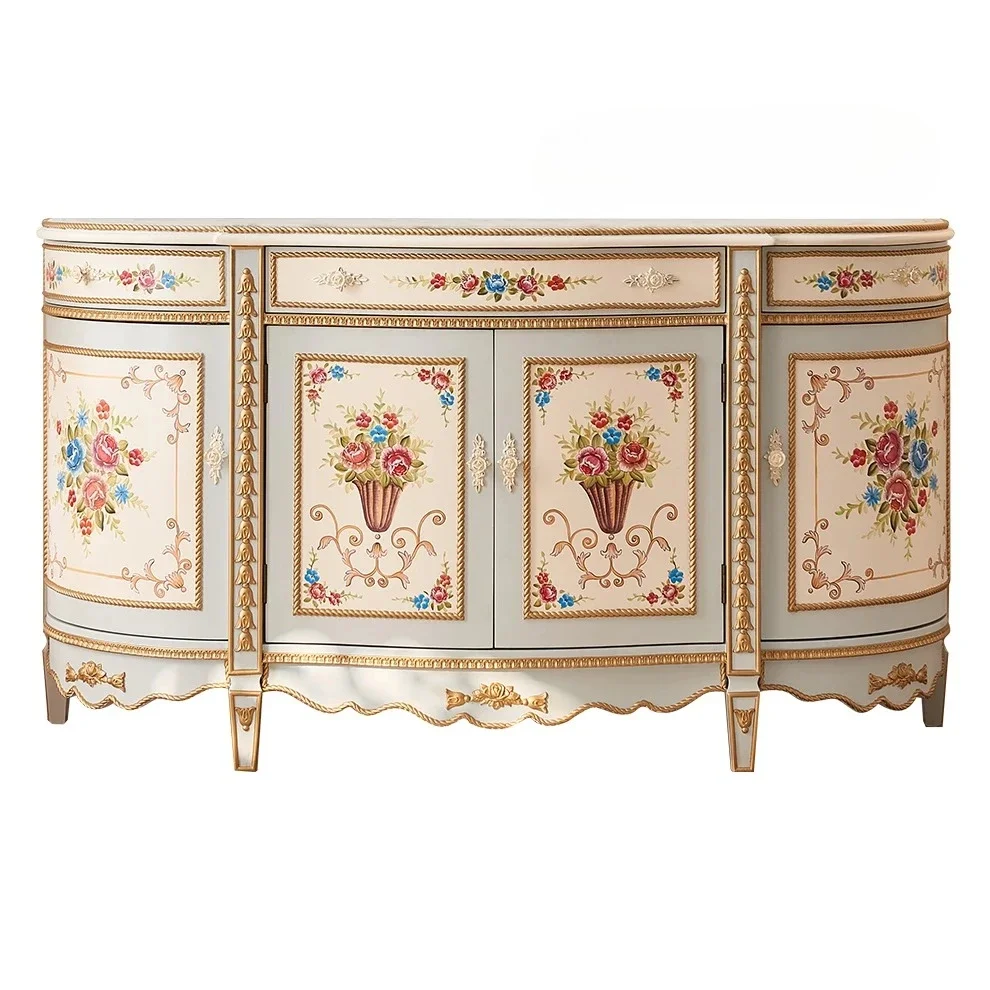 AAPalace Retro Villa Hand-painted Solid Wood Luxury Porch Cabinet European Semi-circular Corridor Cabinet Bedroom Bedside Cabine