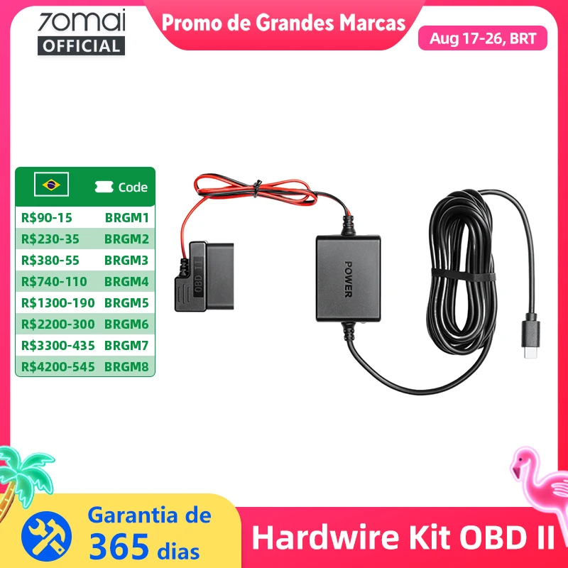 Kit de Fiação Ajustável 70mai OBD II com Interface Tipo-C Plug & Play, Kit OBD 70mai para Vigilância de Estacionamento 24H para Câmeras Veiculares 70mai