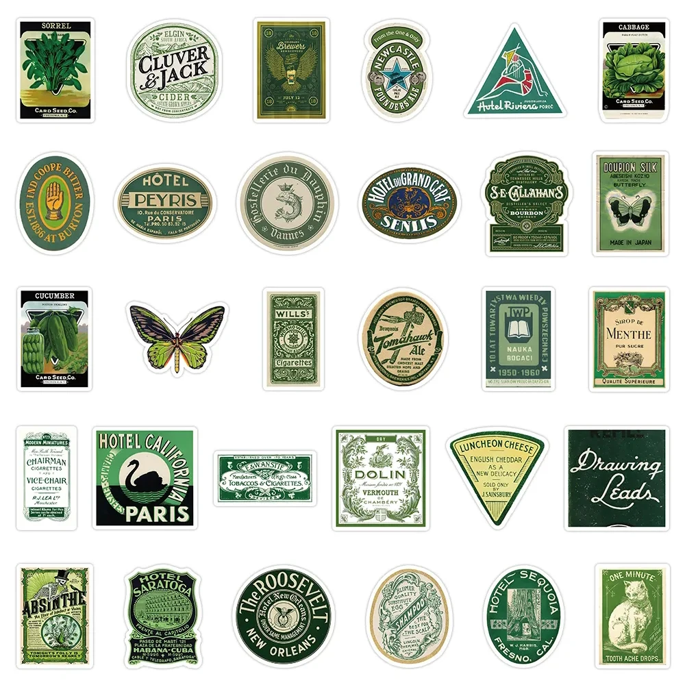 10/30/63pcs Vintage Green Style Label Graffiti Stickers DIY Phone Diary Laptop Retro Cartoon Waterproof Decal Sticker Decoration