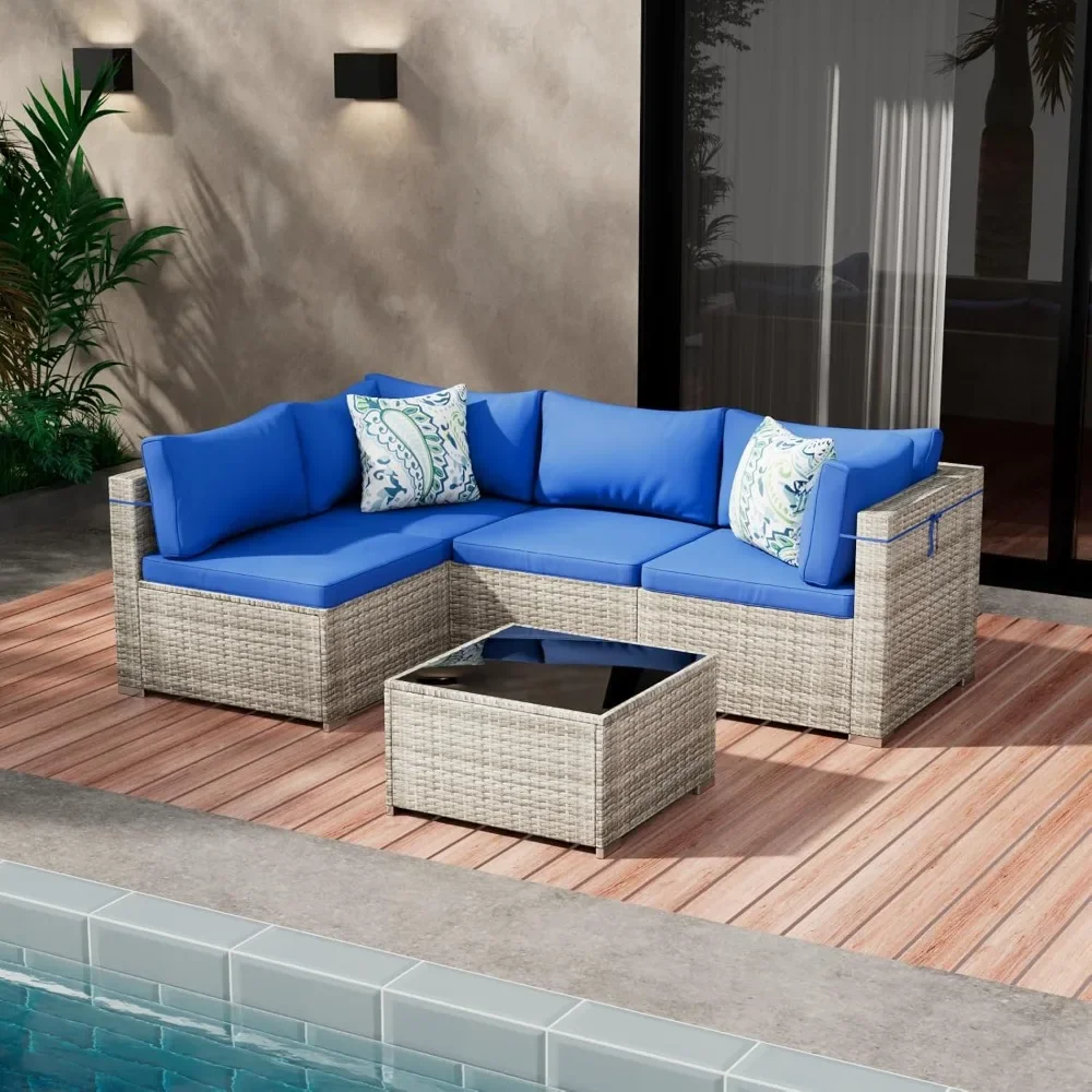

"5-Piece Outdoor Patio Set - All-Weather PE Wicker Sectional Sofa w/ Glass Table, Conversation Group