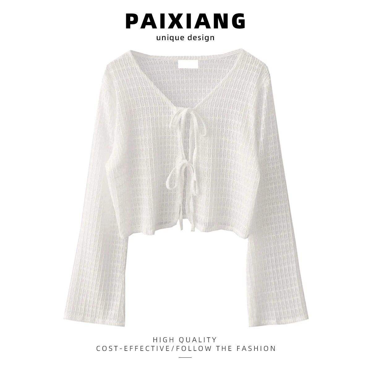 White Knitted Summer Thin Cardigan Women's Shoulder Shawl Cover up Sun Protection Clothes with Sling Dress PAIXIANG Brand