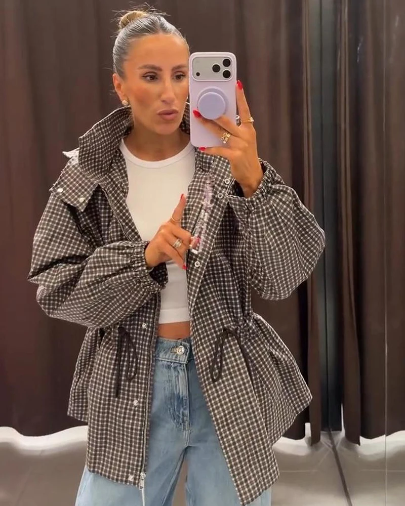 Damenmantel Langarm-Karo-Kapuzenjacke für Frauen 2026 Neue Mode Herbst Winter Lässige Schicke Damen-Oberbekleidung – Detail 3