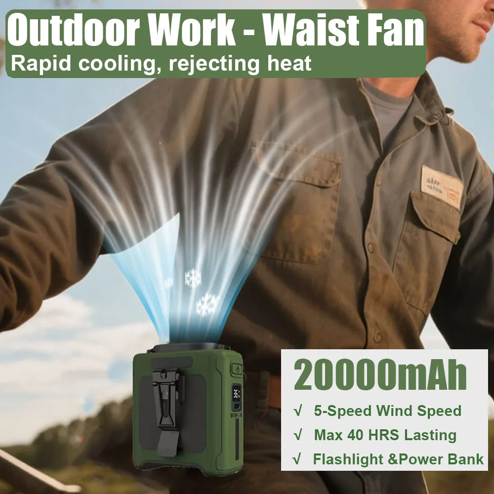 

Портативный поясной вентилятор 20000 мАч, светодиодное освещение, летний охлаждающий вентилятор, многофункциональный летний сильный ветер, USB-вентилятор