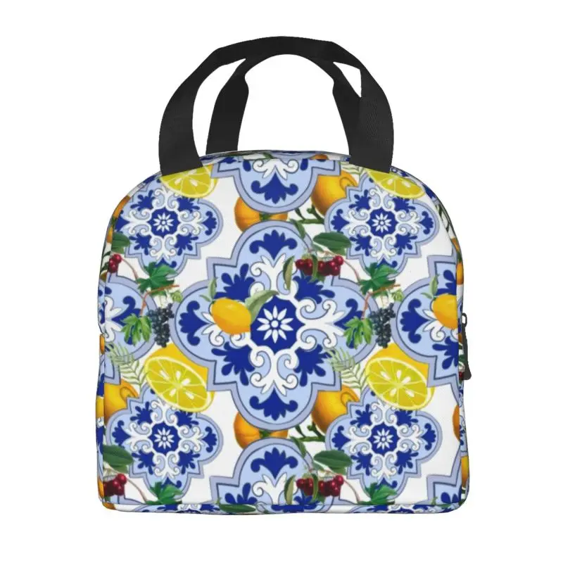 Custom Sicilian Summer Fruit Lemon Citrus Tiles Lunch Bag Women Cooler Warm Insulated Lunch Boxes for Kids School Children