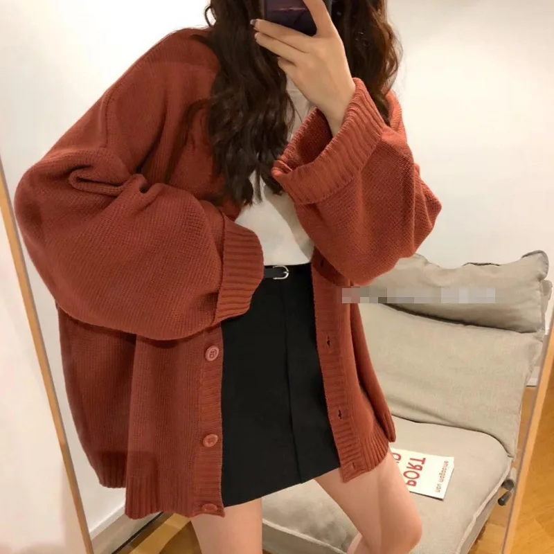 V-neck Korean Autumn and Winter New Solid Color Knitted Cardigan Simple and Loose Versatile Sweater Jacket for Women