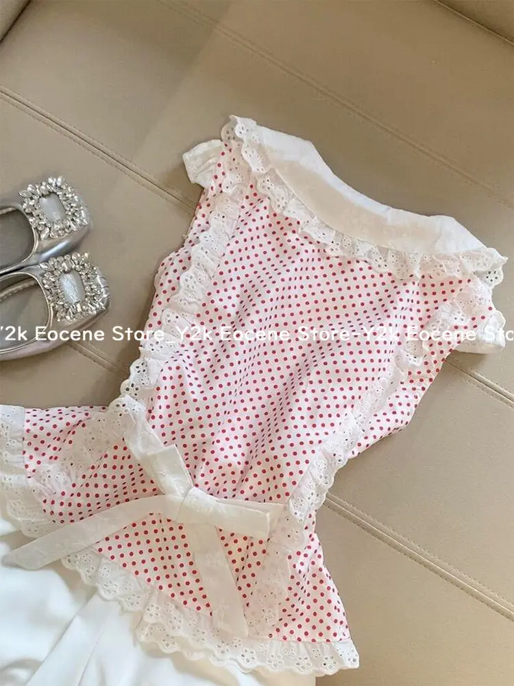 Set Dua Potong Baru Manis Merah Muda Jepang Kemeja Polka Dot Wanita + Setelan Rok Gelembung Putih Pakaian Gaya Putri Desain Kawaii 2025