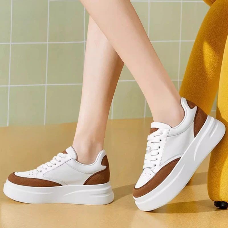 European/American Fashion Casual Heightening Shoes for Women's 8cm Genuine Leather Comfortable Lightweight White Elevator Shoes