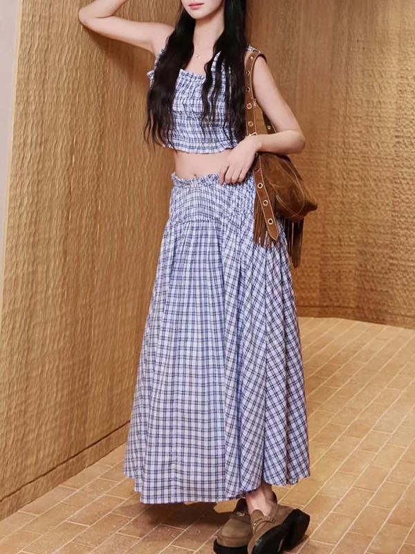 

Blue And White Plaid High Waist A-Line Skirt Set Women's Slim Fit Folded over Strap High Waist Skirt Ensemble Spring Fas...