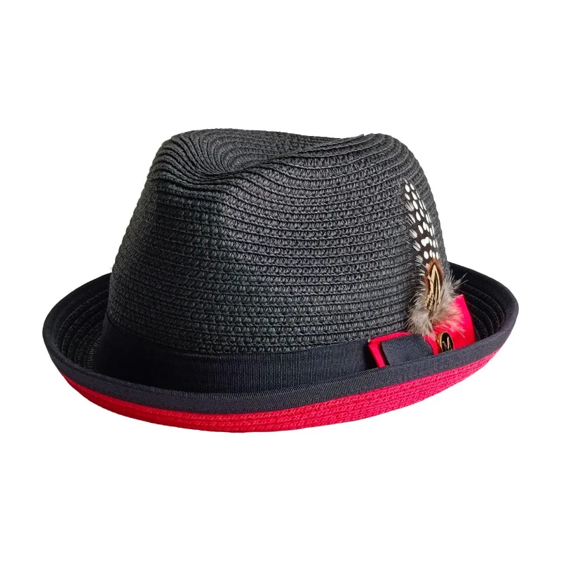 Men’s Straw Hat Two-tone Splicing British Trilby straw hat Fedora Breathable Beach Sun Hat Handwoven Straw Panama hat Cuban