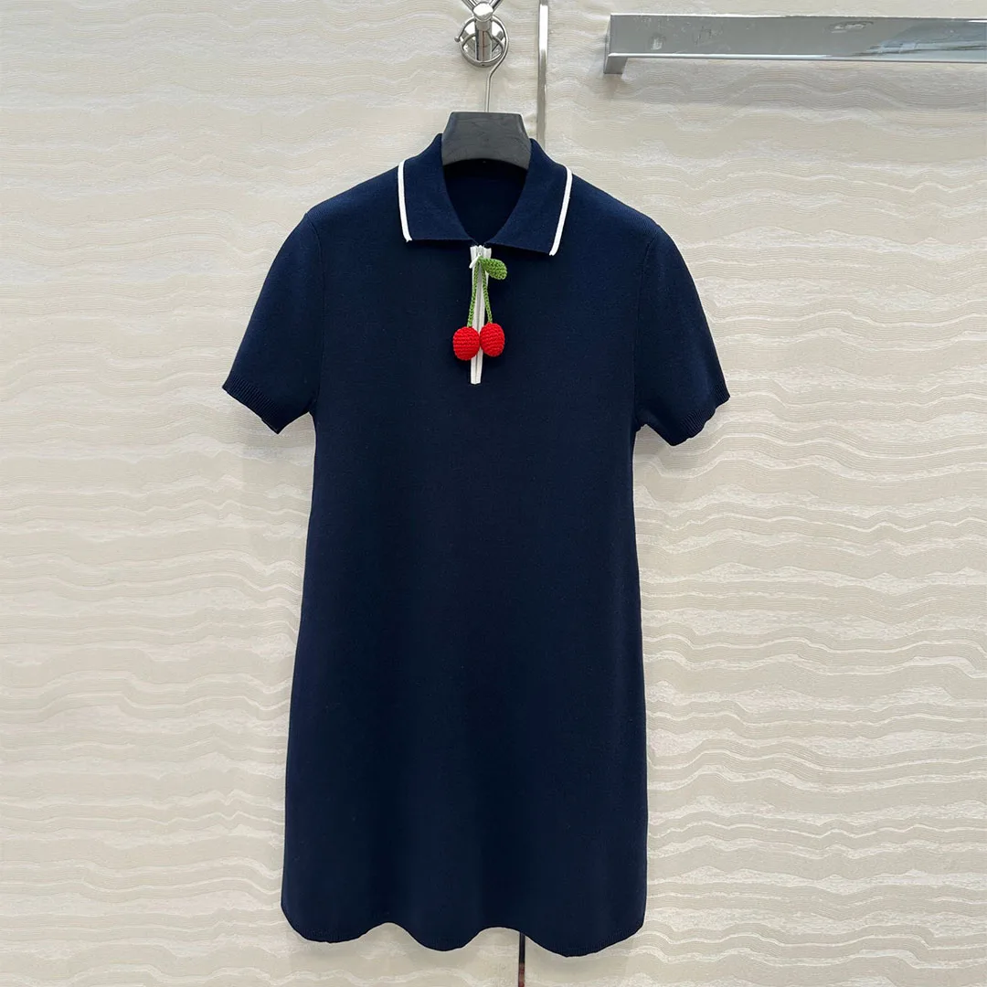 

2025 New Fashion Preppy Style Cotton Knitted Dress Women Lapel Zipper Crochet Cherry Short Sleeve Sweet A-line Summer Dresses