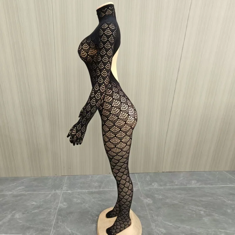 Women Fishnet Hollow Out Jumpsuit Long Sleeve Gloves Bodysuit High Neck Sheer Mesh See Through Club Party Bodystocking