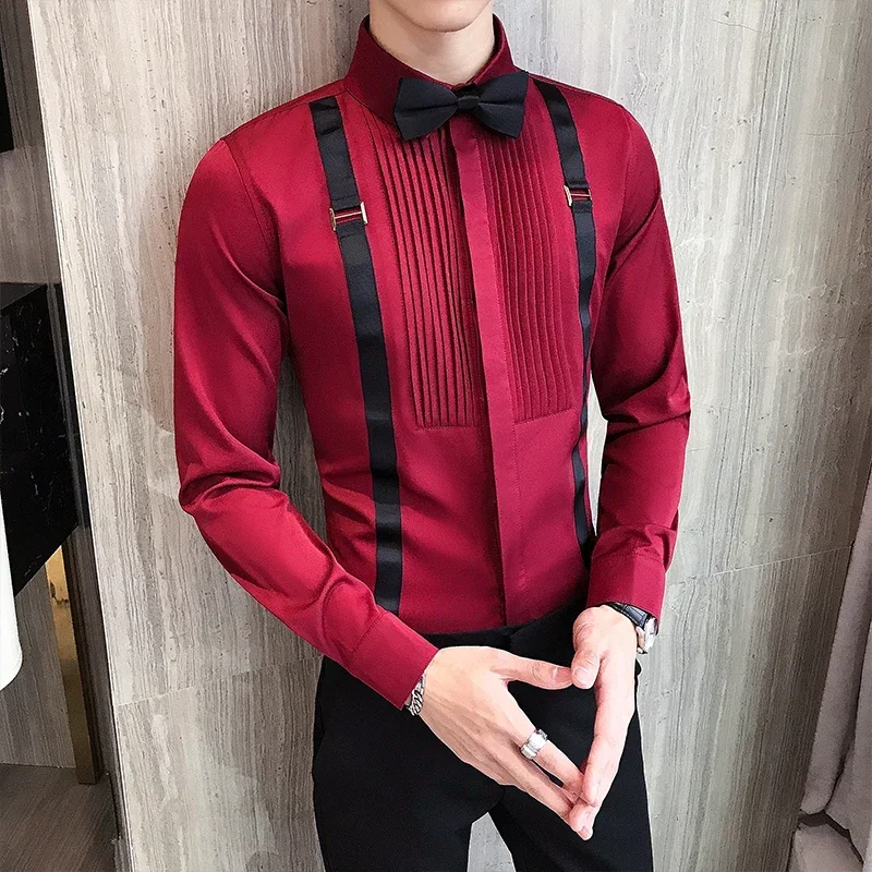 Fashion Bow Tie Fold Men's Dress Shirts Long Sleeve Button Down Slim Male Leisure Blouse Hotel Club Prom Chemise Homme Plus Size