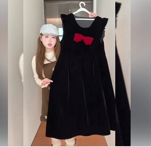 الخريف النساء السود الفرنسية حجم كبير فساتين بلا أكمام موضة عالية الخصر ألف خط تنوعا الحد من العمر القوس طاقم الرقبة فستان #3