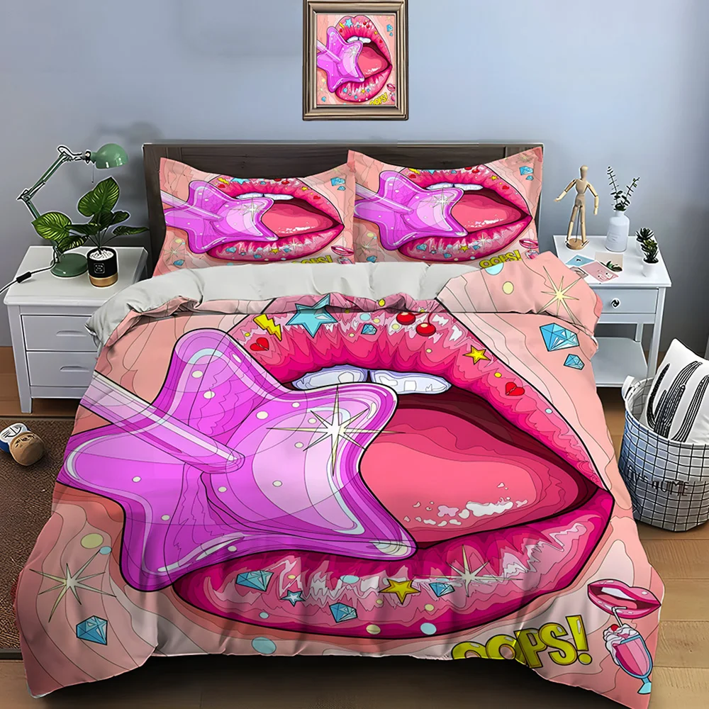 Pink star lollipop and shiny lips Bedding Set for Kids Luxury Gift 3pcs Digital Print Comforter Set Soft Comfortable Breathable