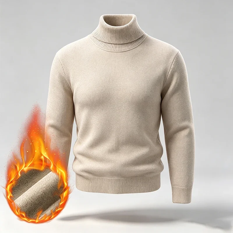 Mens Warm Fleece Lined Turtleneck Sweater Long Sleeve Ribbed Trim Suitable For Vacation Hangout And Leisure Cold‑Weather Scenes