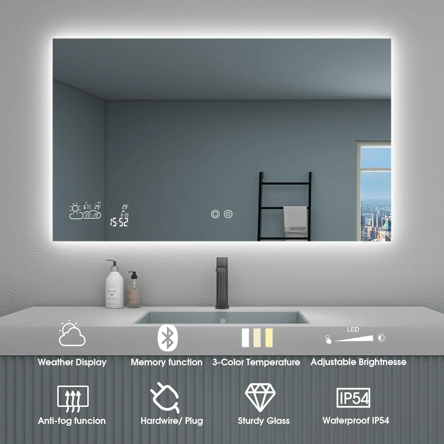 Smart Bathroom Mirror with Bluetooth 24”X 40” WiFi Enabled Weather Display Fog Free Backlit Frameless Brightness Adjust Memory